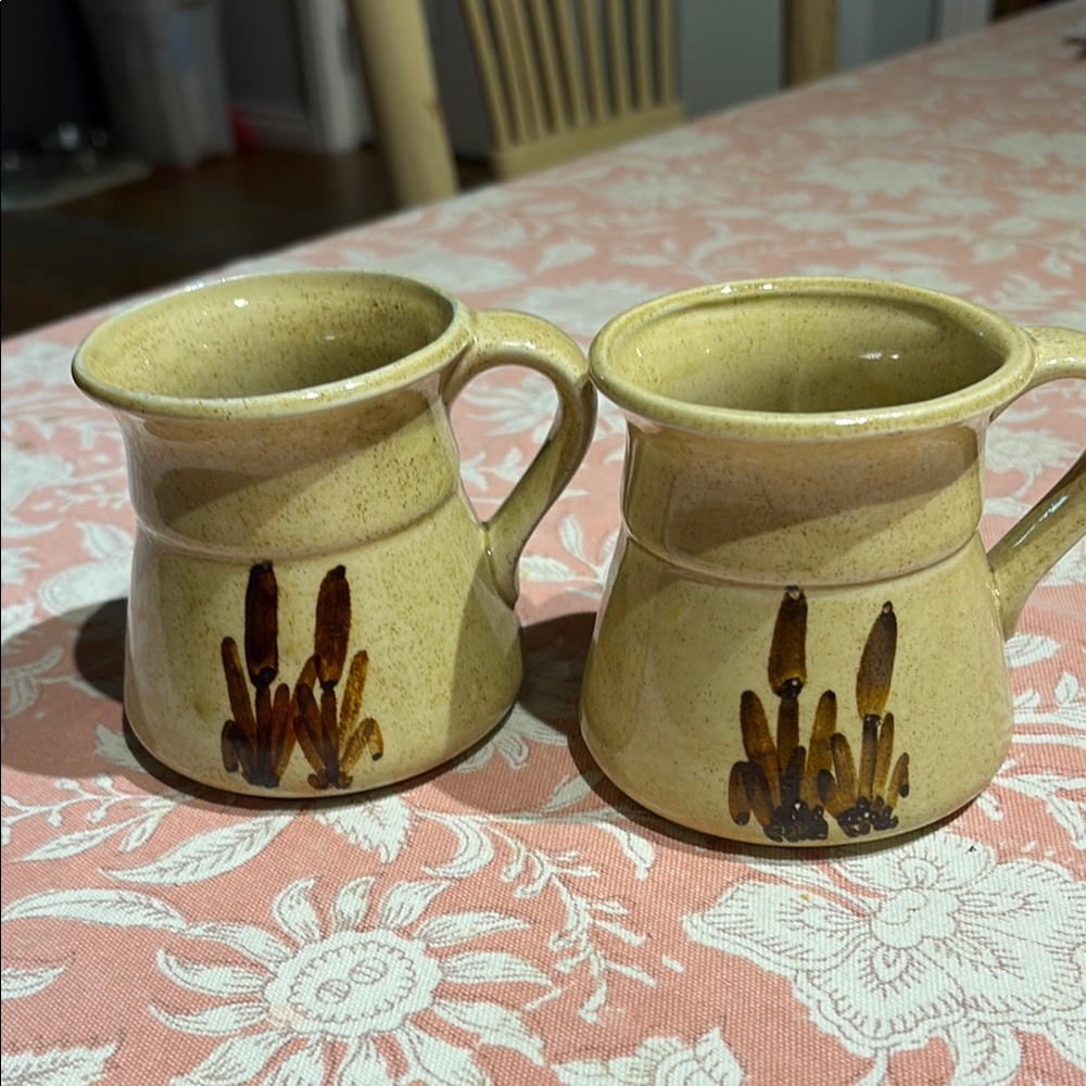 Vintage Set of 2 Cattail Galleon Ware Mugs - retro Pottery
